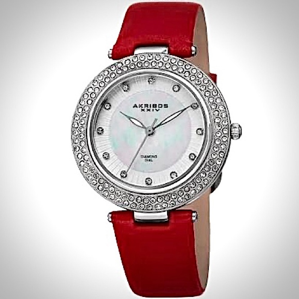 NWT~Akribos XXIV Diamond & Swarovski Crystal Leather Watch